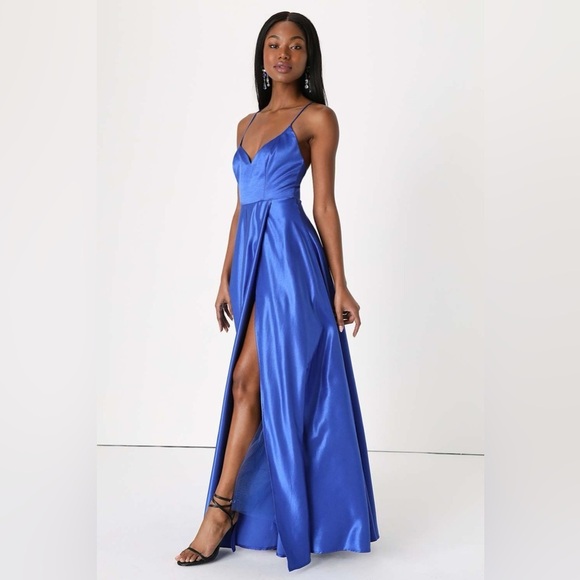 Size S Lulus Ballroom Babe Royal Blue Satin A-Line Backless‎ Maxi Prom Dress - Picture 4 of 9
